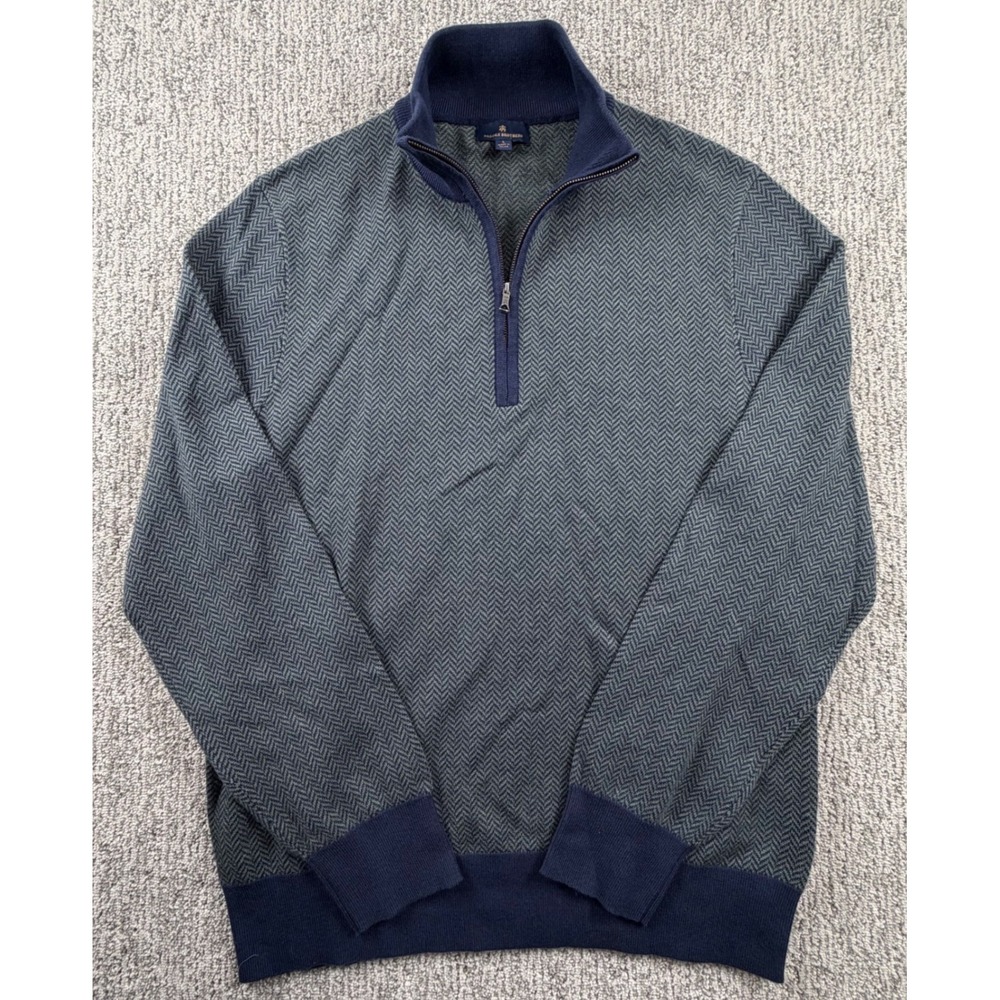 Brooks Brothers Quarter Zip Sweater Mens L Blue Herringbone Cotton Pullover